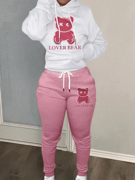 Bear Letter Print Kangaroo Pocket Tracksuit Set Long Sleeve Hoodie+Drawstring Trousers Women Two Pieces Matching Suits