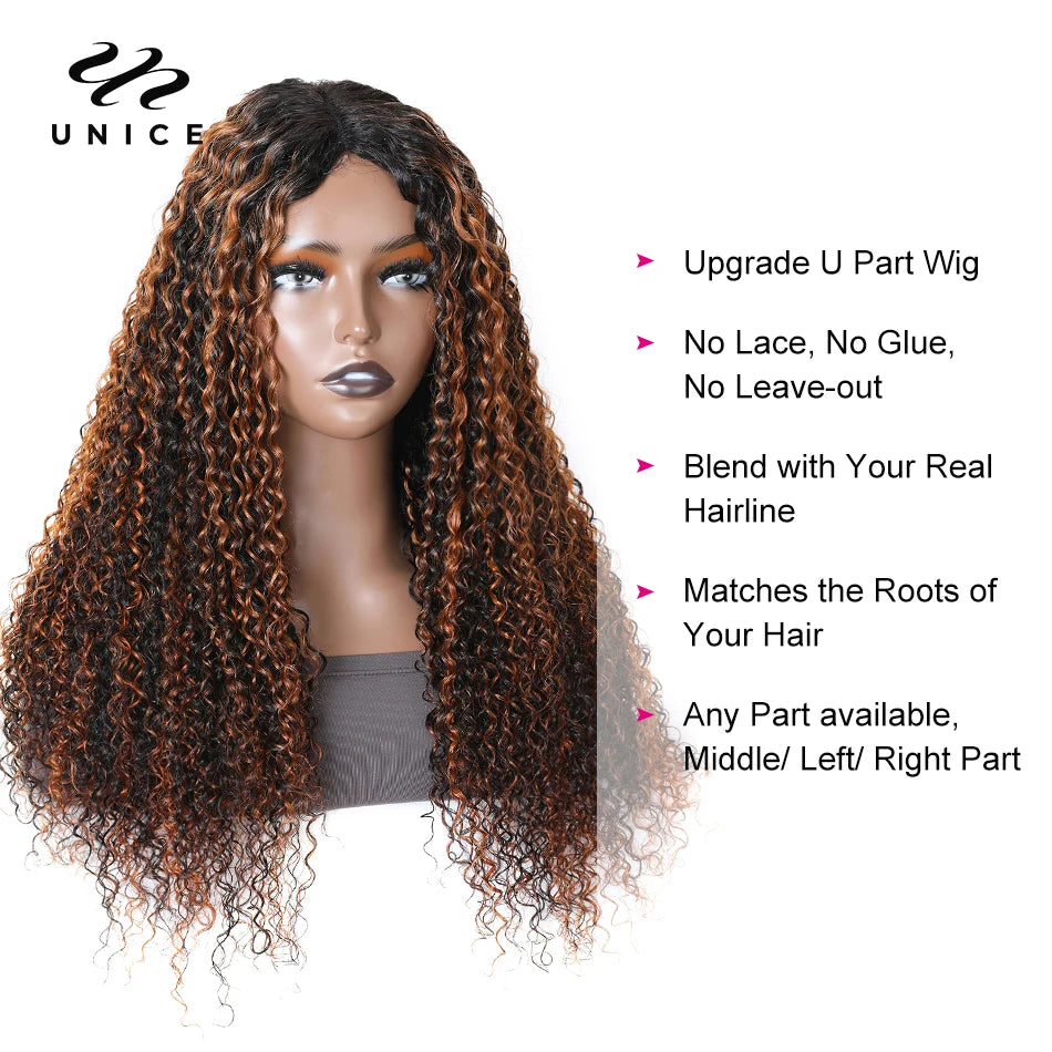 UNice Hair Balayage Highlight V Part Wig Human Hair Curly Wig Glueless U part Wig Human Hair Wigs Blend with Your Own Hairline