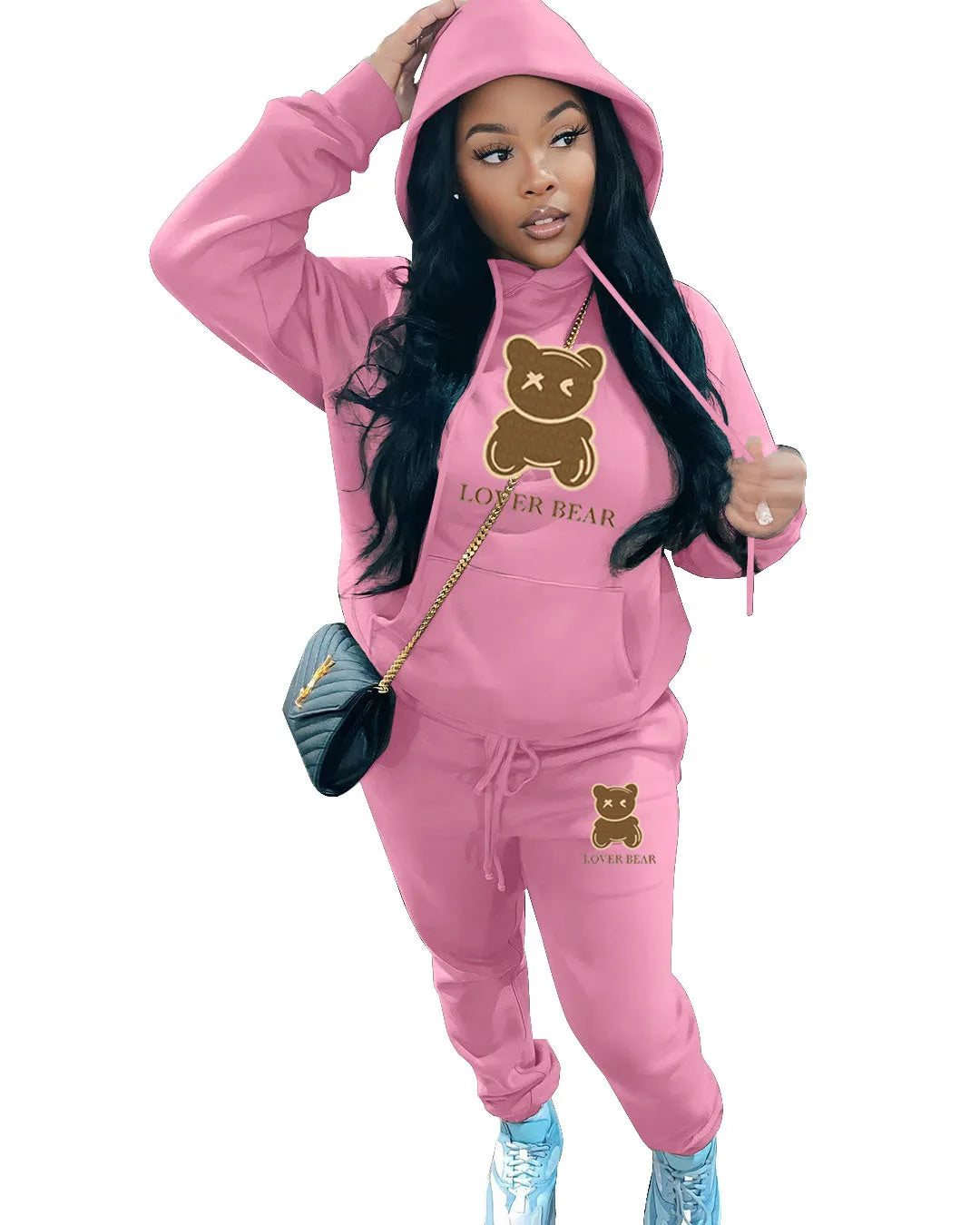 Bear Letter Print Kangaroo Pocket Tracksuit Set Long Sleeve Hoodie+Drawstring Trousers Women Two Pieces Matching Suits