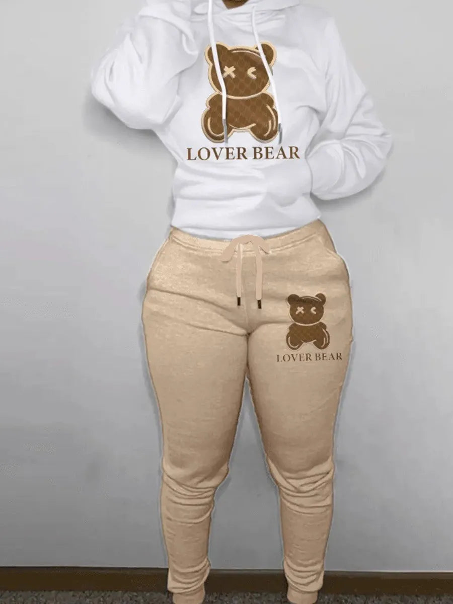 Bear Letter Print Kangaroo Pocket Tracksuit Set Long Sleeve Hoodie+Drawstring Trousers Women Two Pieces Matching Suits