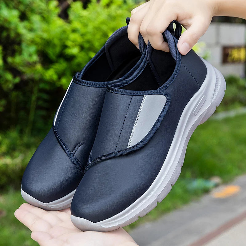 Men's Wide Fit Comfort Walking Shoes – Adjustable Hook & Loop Leather Sneakers for Swollen Feet, Breathable Orthopedic-Inspired Casual Shoes