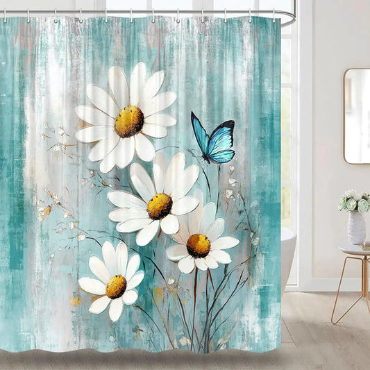 JAWO Shower Curtains Turquoise Daisy Shower Curtain Farm Floral Shower Curtain Rustic Farmhouse Shower Curtain Turquoise Blue Shower Curtain with Hooks 72X72 Inches(Turquoise)